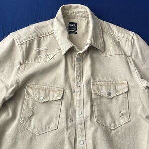 Zara Beige Ripped Denim Jacket